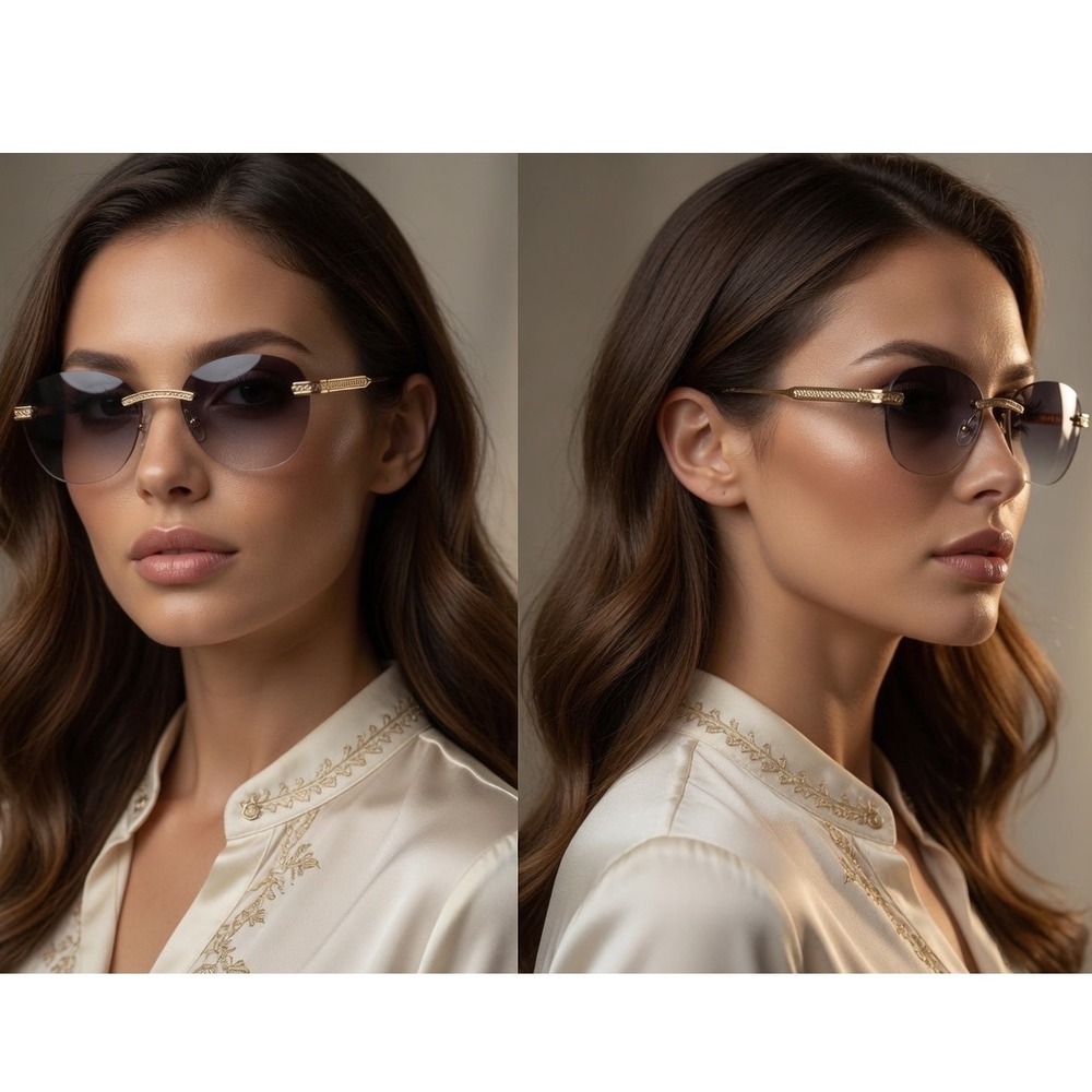 Chic Designer Style Glam Summer Festival 90s Gold Women Rimless Sunglasses Fancy